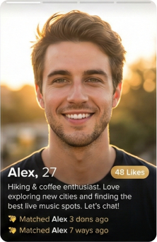 Dating profile card showing optimized profile with 48 likes